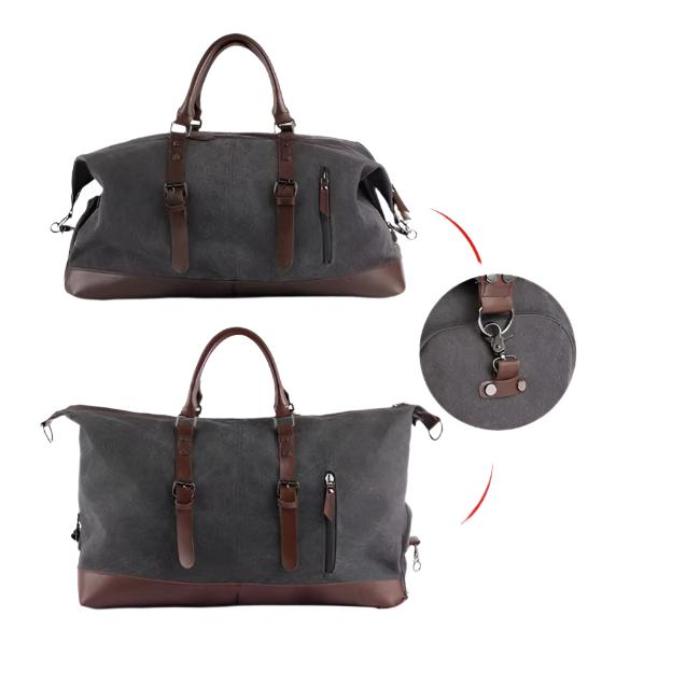 Men's Vintage Graphite Canvas and Brown Leather Weekender Travel Garment Duffle Bag - Image 7