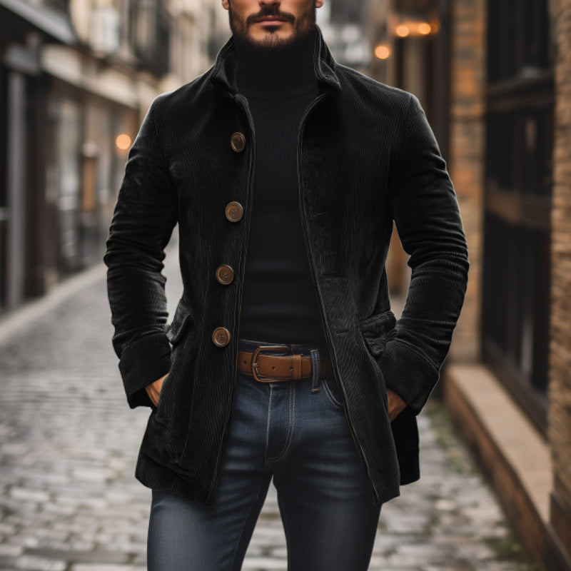 Men's Rugged Warm Outdoor Corduroy Coat with Stand-Up Collar and Side Pockets