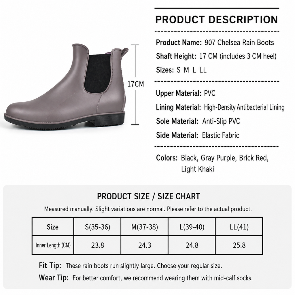 Women's Chelsea Rain Boots Waterproof Slip-On Ankle Booties Non-Slip - Image 7