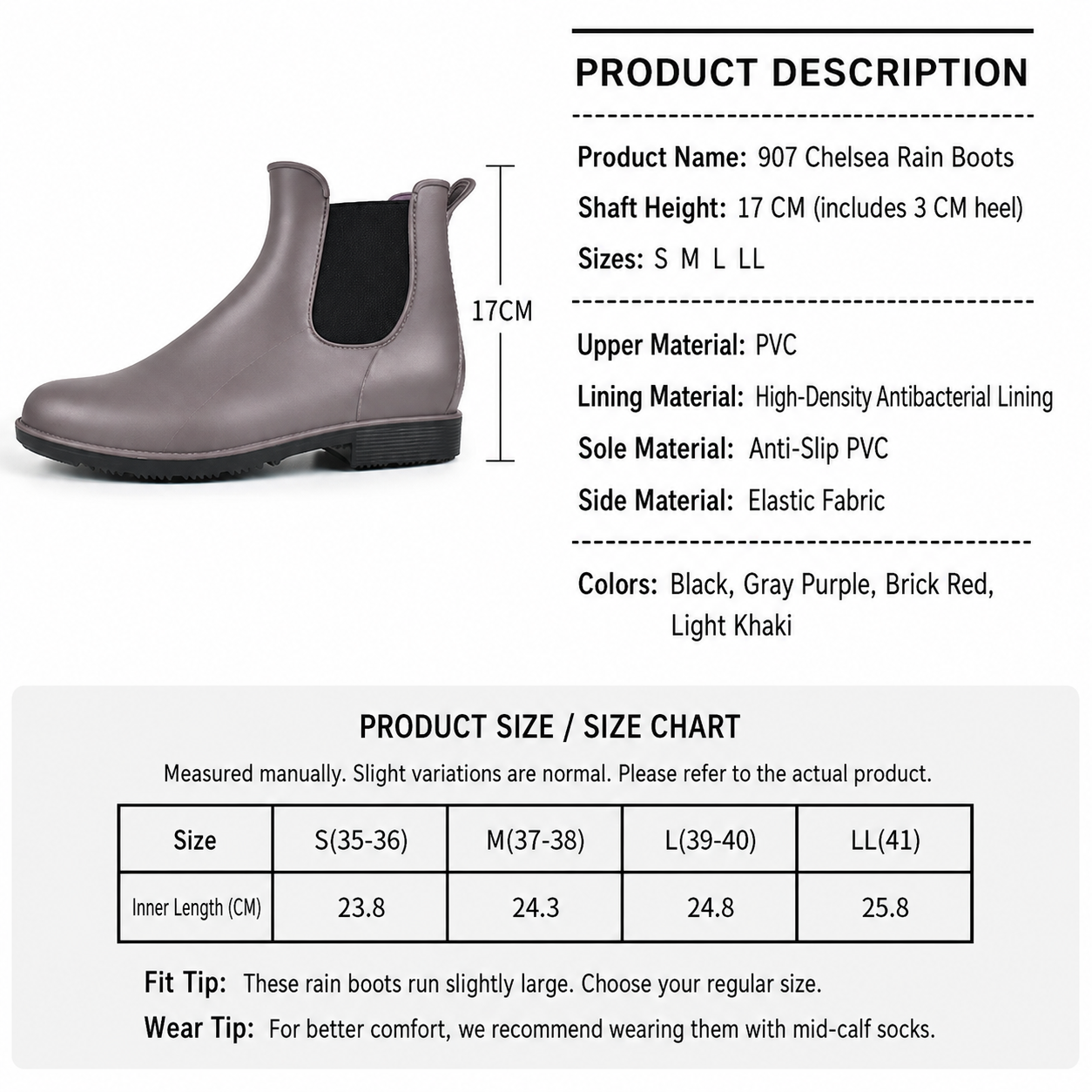 Women's Chelsea Rain Boots Waterproof Slip-On Ankle Booties Non-Slip - Image 7