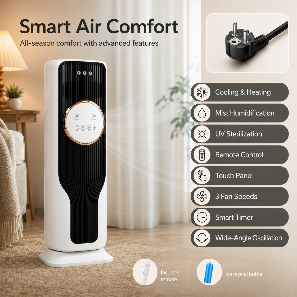 Cold, Warm Air Conditioning Fan 4-in-1 Portable Air Cooler, Heater, Humidifier & Blower