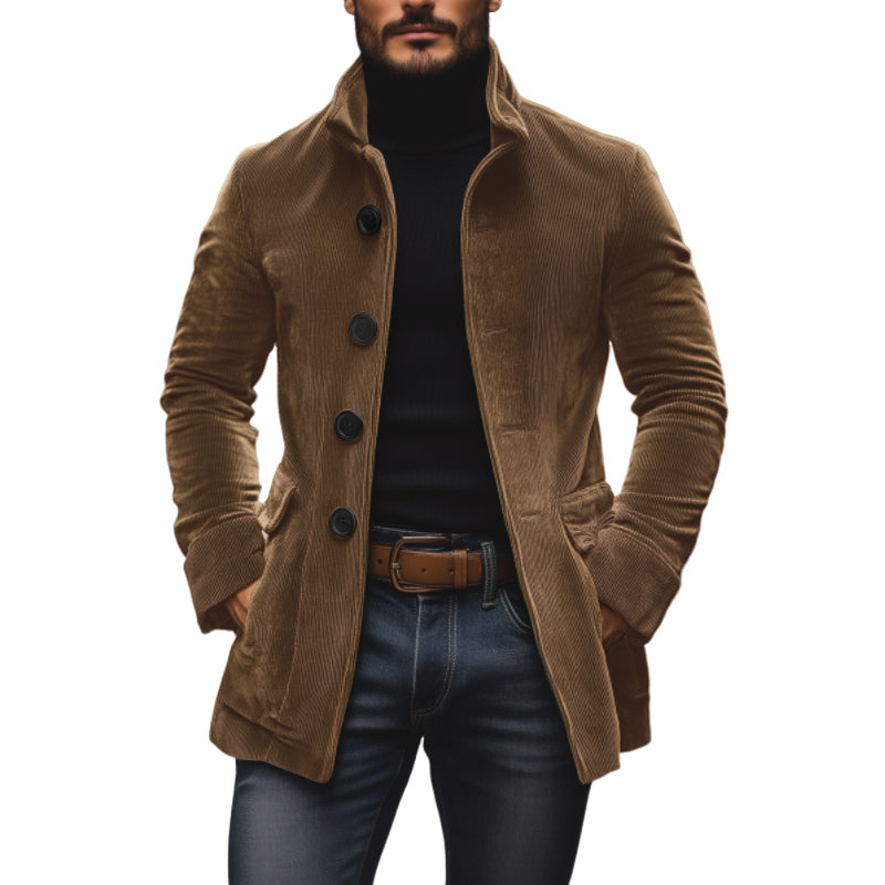 Men's Rugged Warm Outdoor Corduroy Coat with Stand-Up Collar and Side Pockets