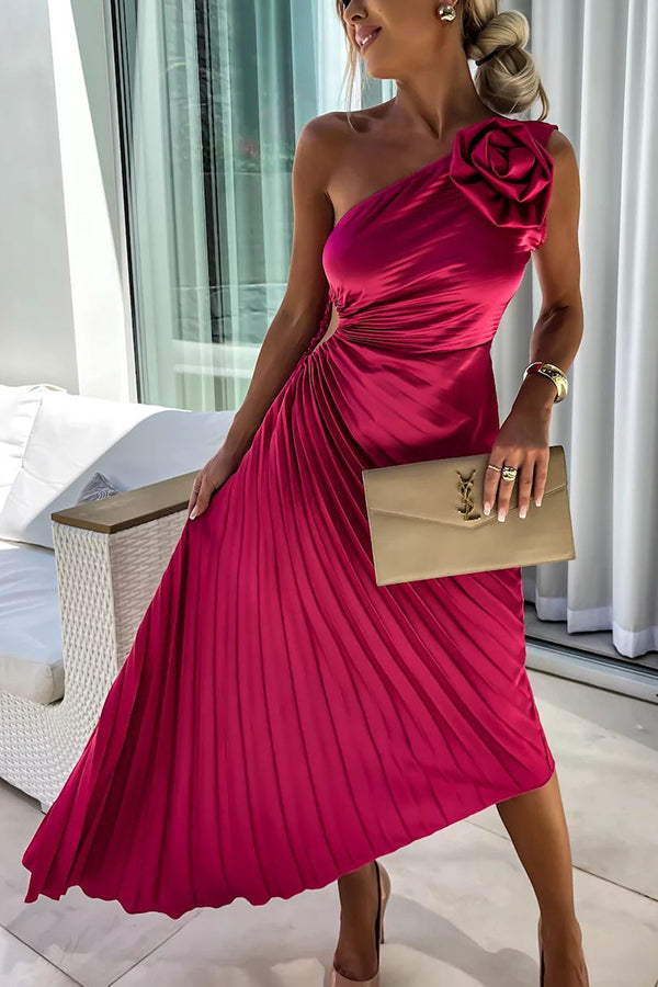 Women's Timeless Flowing Pleated One-Shoulder Floral Dress