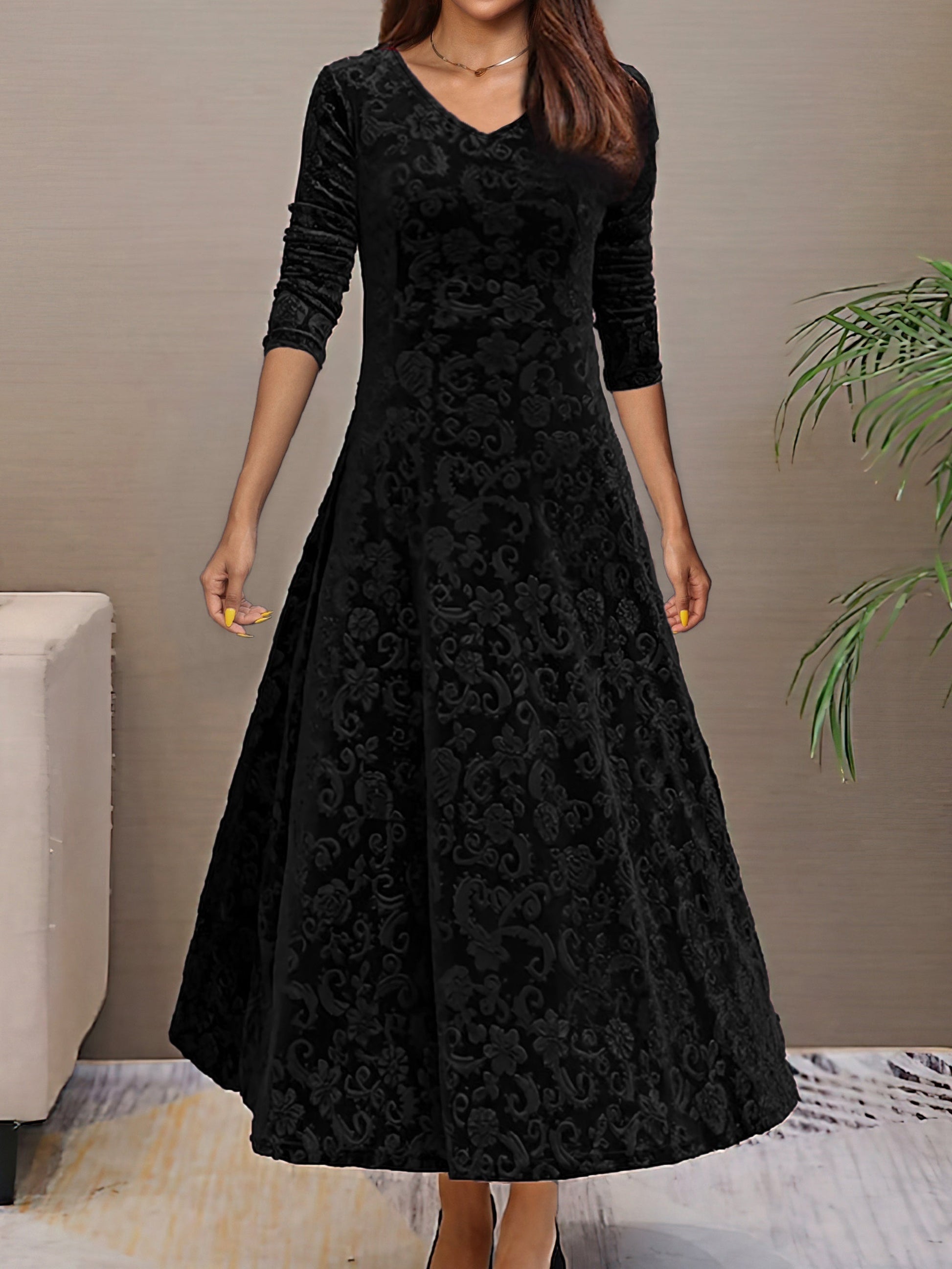 Women's Elegant V-Neck Long Sleeve Formal Dress with Floral Pattern