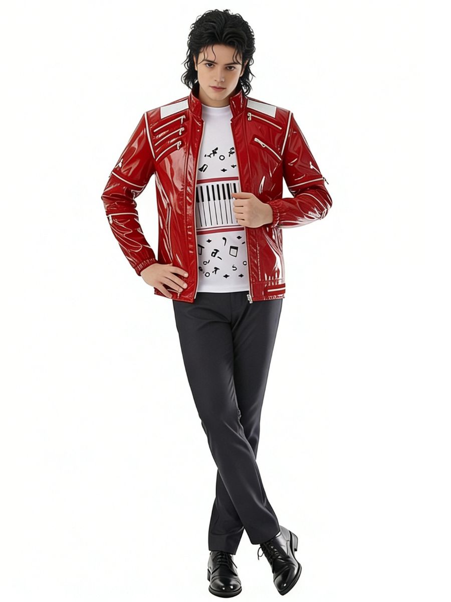 Mens 3 Piece Faux Leather 80s Pop Star Costume - Image 2