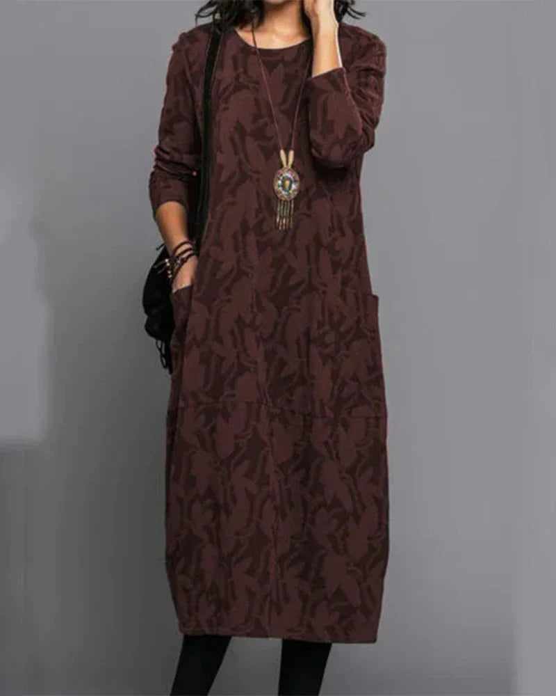 Women's Trendy Floral Print Dress with Long Sleeves and Convenient Pockets