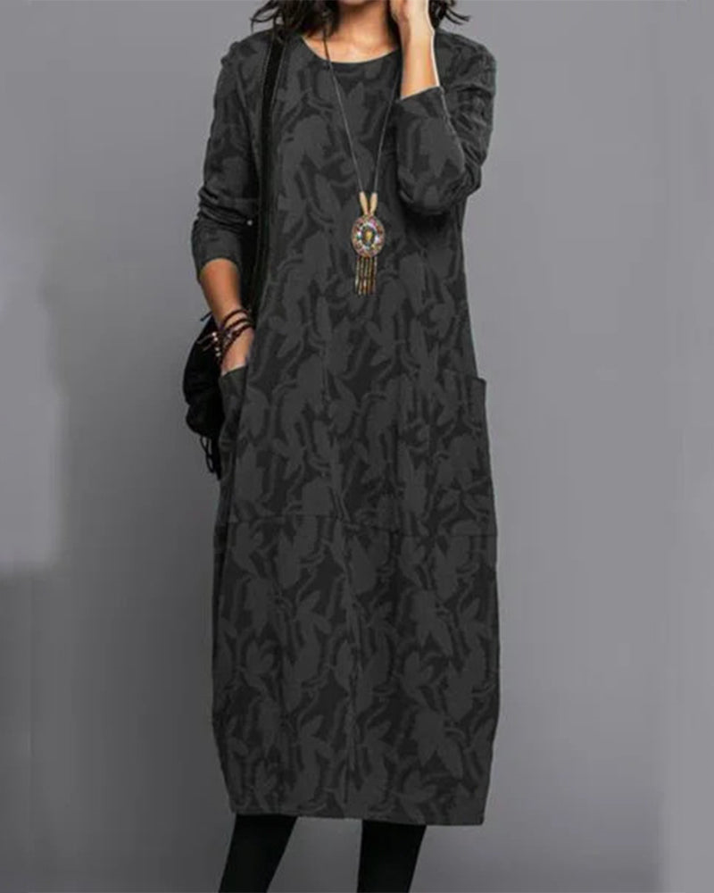 Women's Trendy Floral Print Dress with Long Sleeves and Convenient Pockets