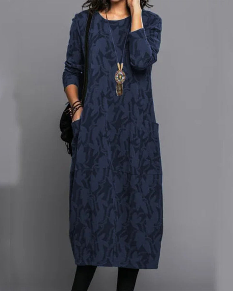 Women's Trendy Floral Print Dress with Long Sleeves and Convenient Pockets