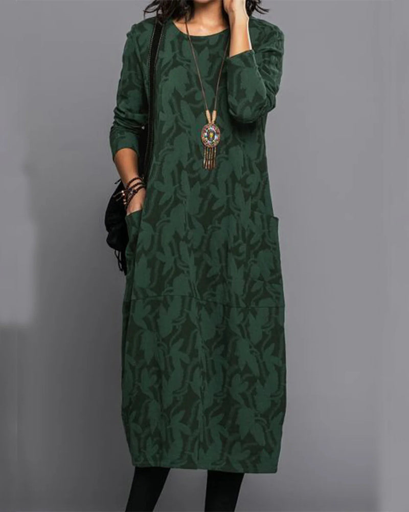 Women's Trendy Floral Print Dress with Long Sleeves and Convenient Pockets