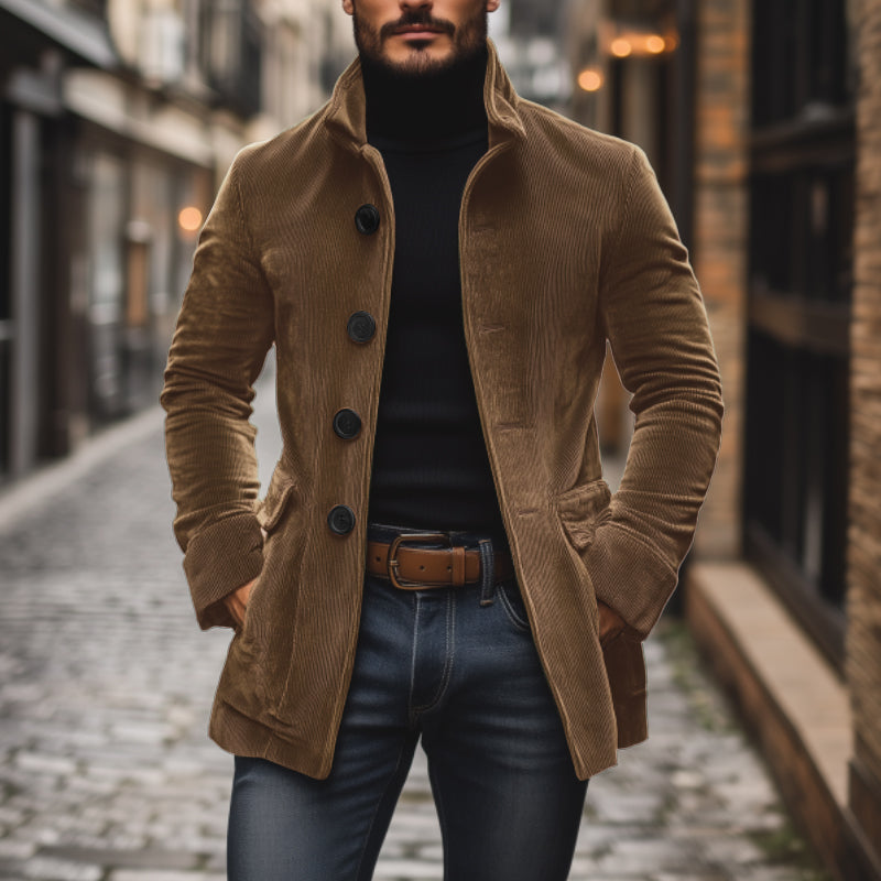 Men's Rugged Warm Outdoor Corduroy Coat with Stand-Up Collar and Side Pockets