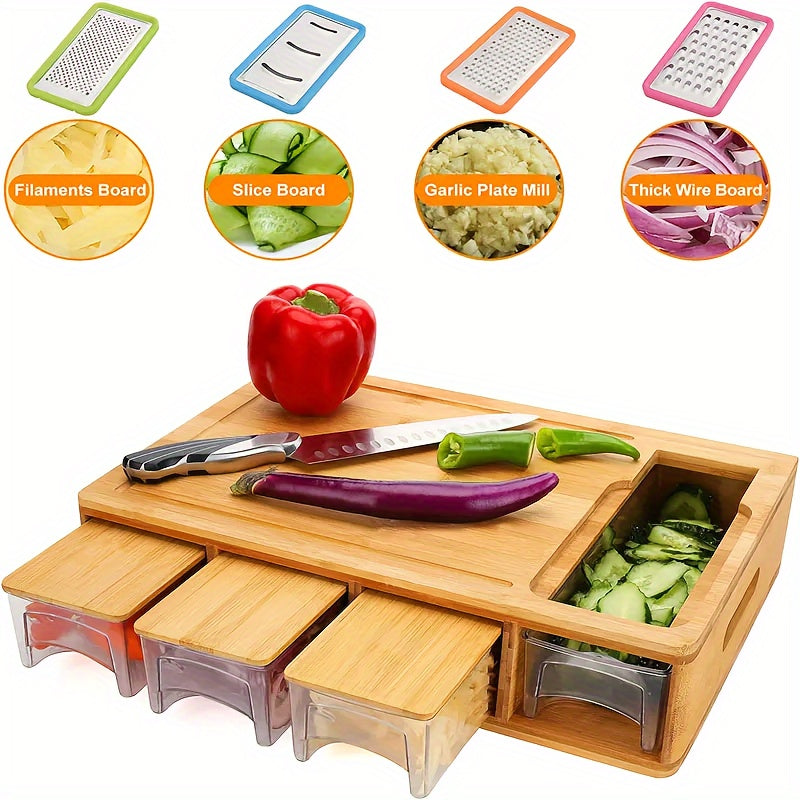 Bamboo Cutting Board Storage Trays Graters Kitchen Prep Station