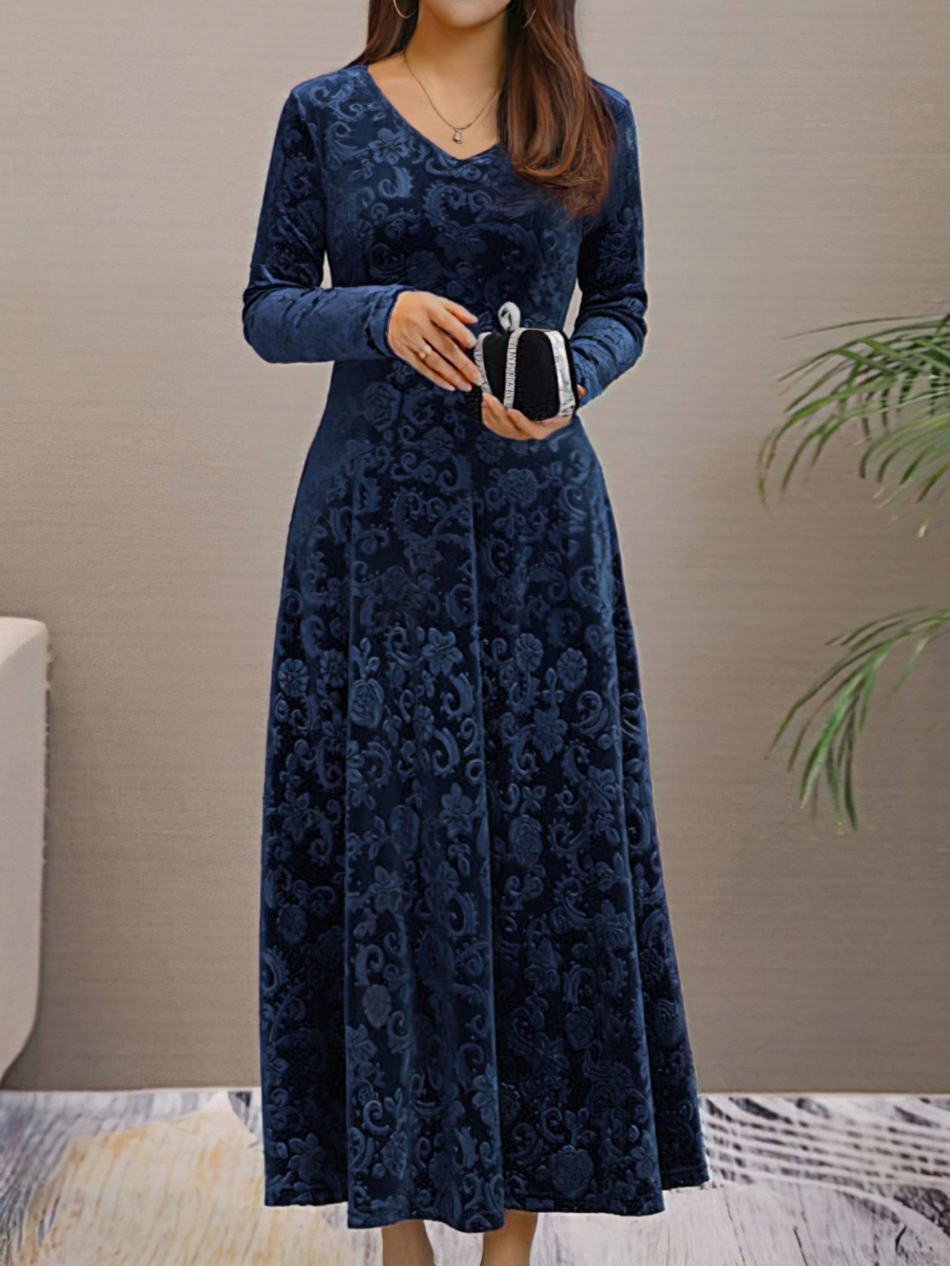 Women's Elegant V-Neck Long Sleeve Formal Dress with Floral Pattern