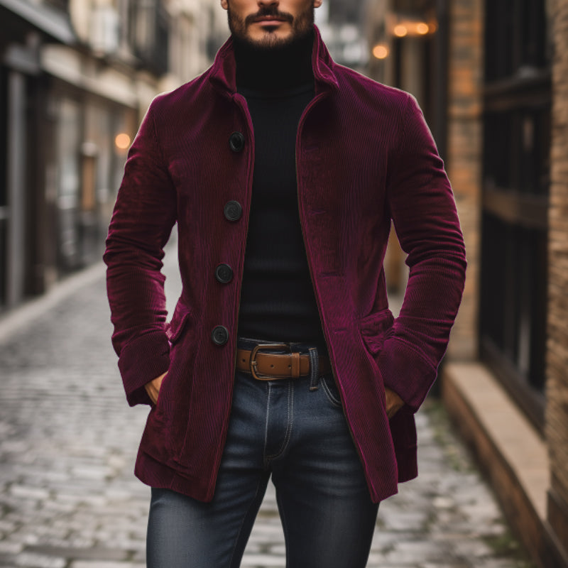 Men's Rugged Warm Outdoor Corduroy Coat with Stand-Up Collar and Side Pockets