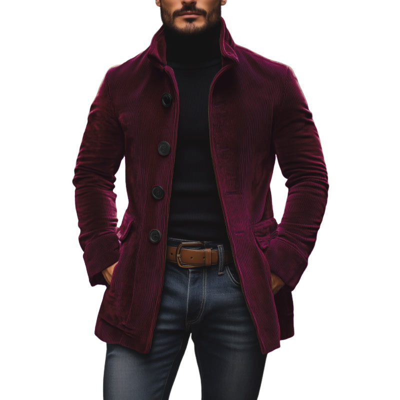 Men's Rugged Warm Outdoor Corduroy Coat with Stand-Up Collar and Side Pockets