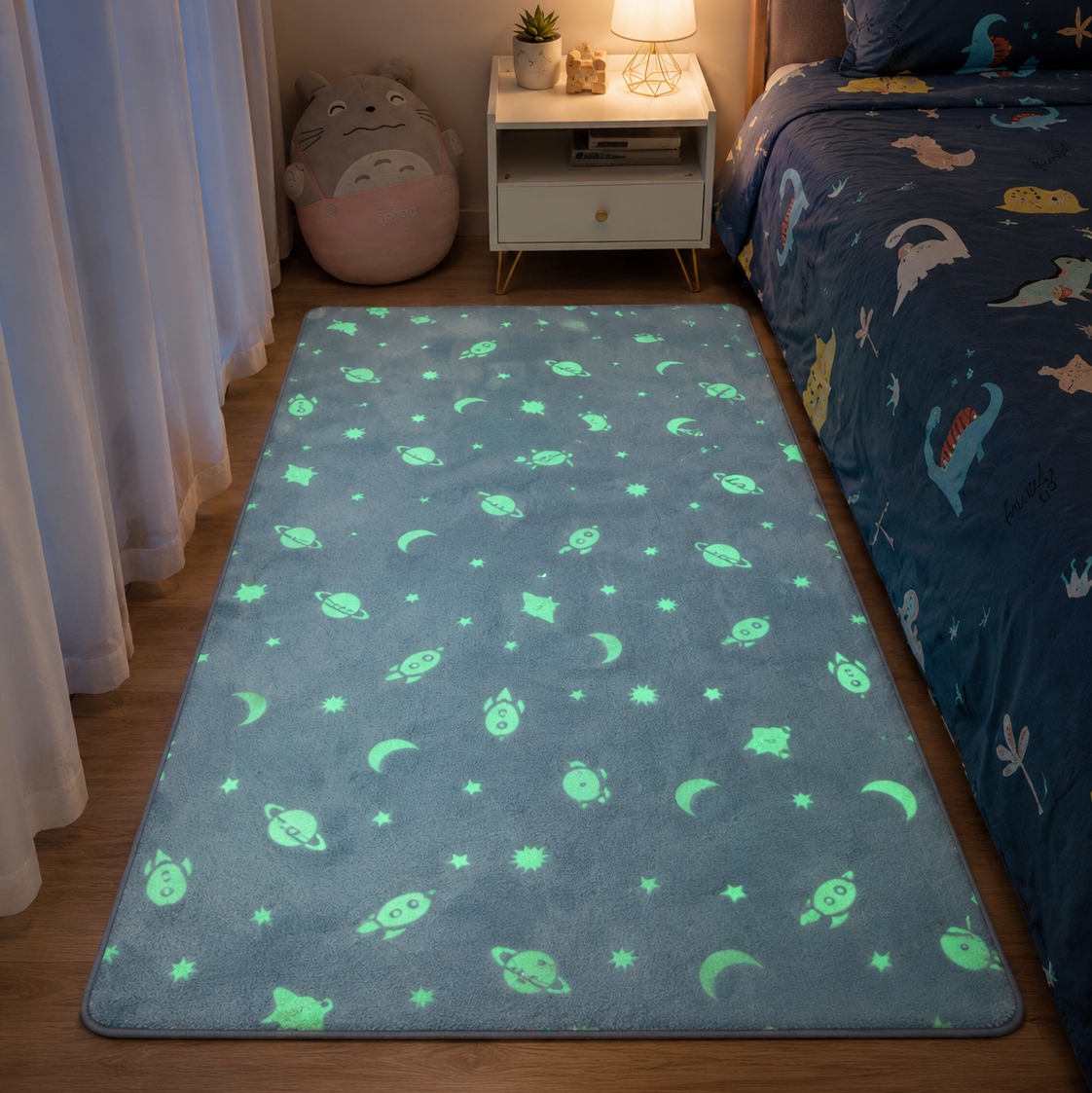 Magical Glow in the Dark Kids Rug with Moon and Star Design
