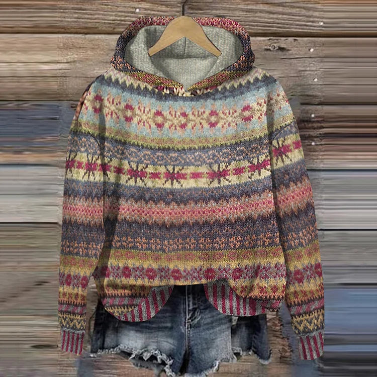 Women's Retro Trendy Multicolor Warm Hoodie with Ethnic Design