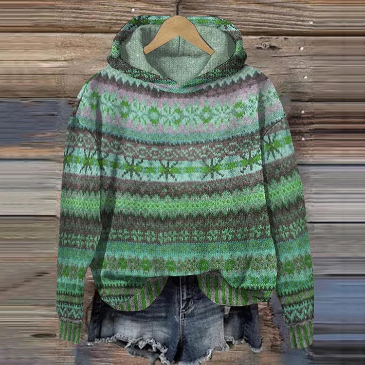 Women's Retro Trendy Multicolor Warm Hoodie with Ethnic Design