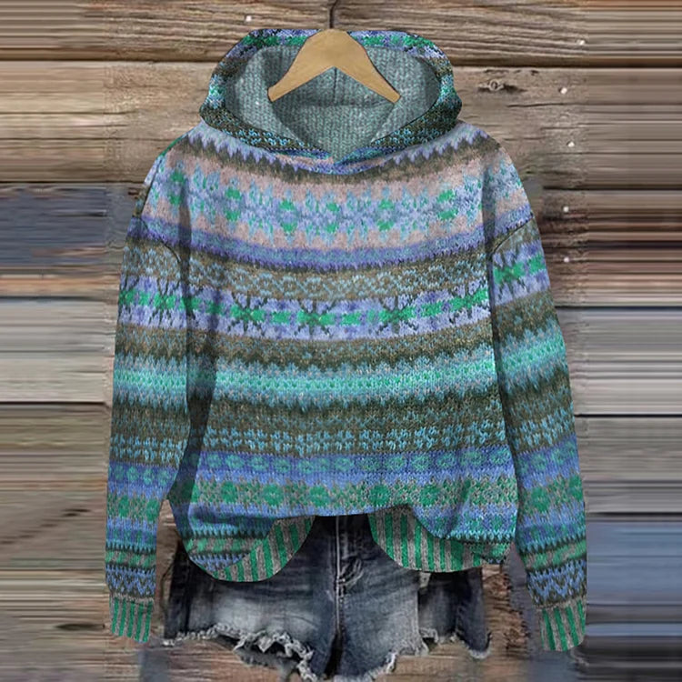 Women's Retro Trendy Multicolor Warm Hoodie with Ethnic Design