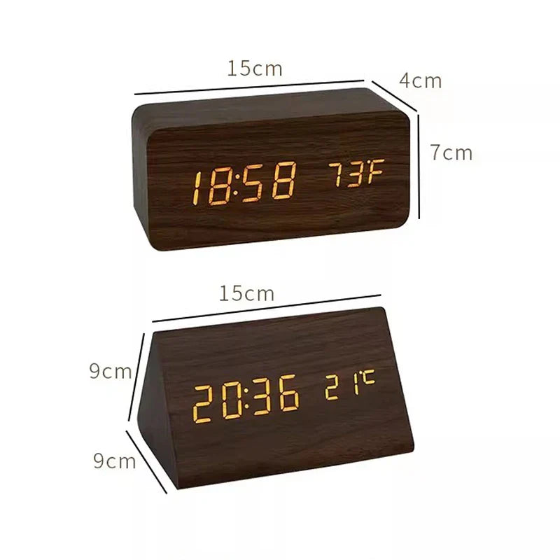 Digital Alarm Clock LED Wood Voice Control Temperature Display Bedside - Image 8
