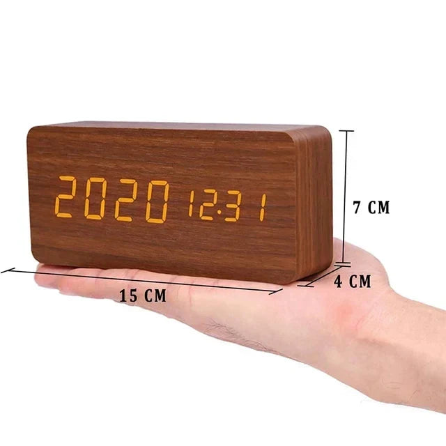 Digital Alarm Clock LED Wood Voice Control Temperature Display Bedside - Image 11