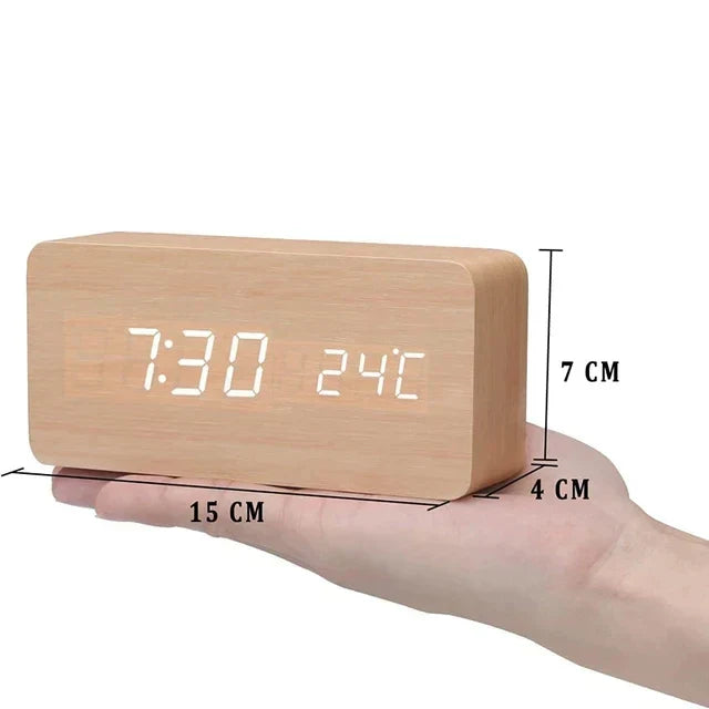 Digital Alarm Clock LED Wood Voice Control Temperature Display Bedside - Image 13