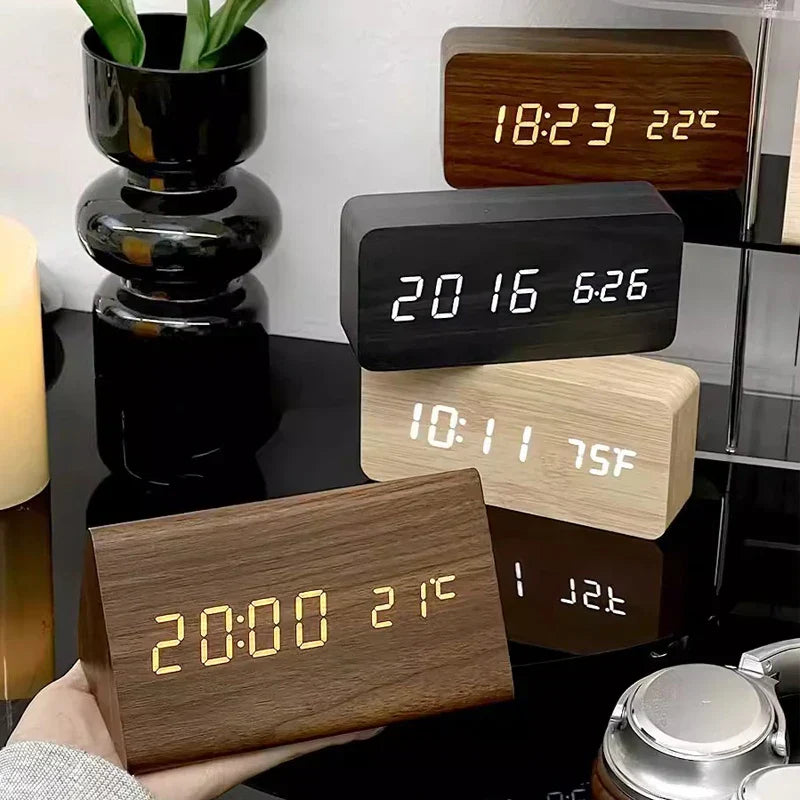 Digital Alarm Clock LED Wood Voice Control Temperature Display Bedside