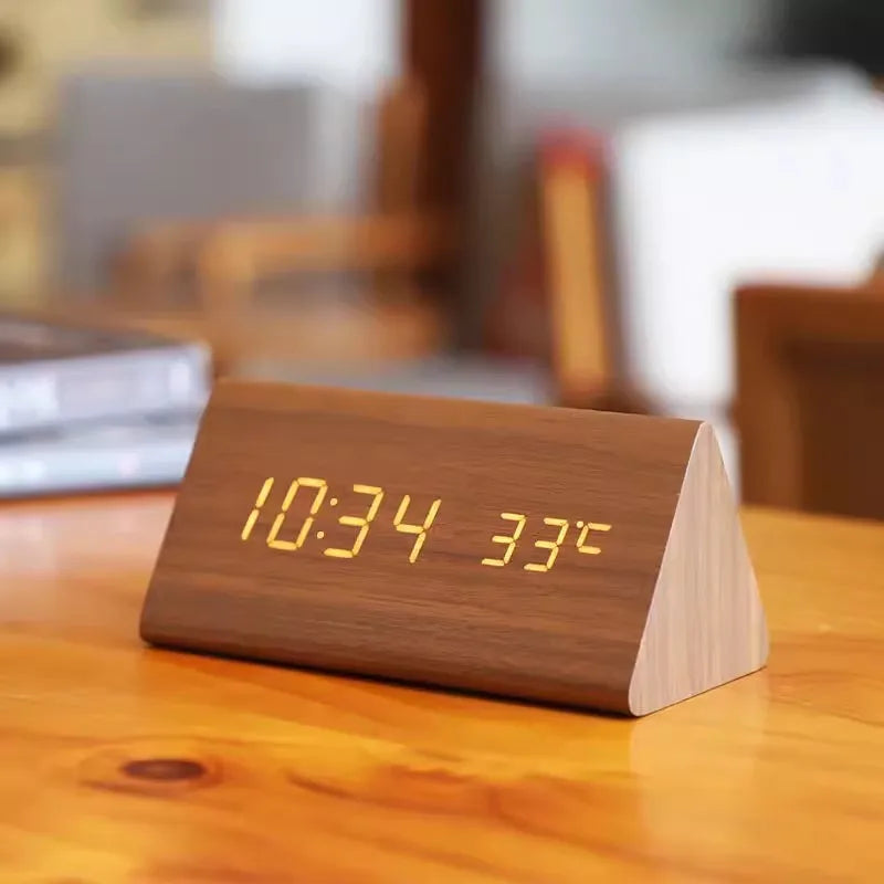 Digital Alarm Clock LED Wood Voice Control Temperature Display Bedside - Image 3