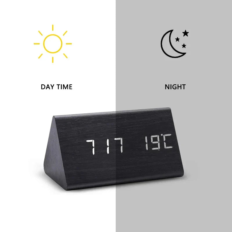 Digital Alarm Clock LED Wood Voice Control Temperature Display Bedside - Image 9
