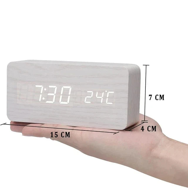 Digital Alarm Clock LED Wood Voice Control Temperature Display Bedside - Image 12