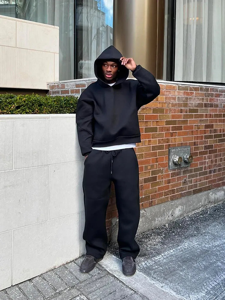 Men's Casual Oversized Warm Tracksuit with Hood and Adjustable Drawstring Pants