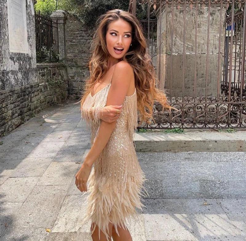 Women's Elegant Mini Cocktail Fringe Feathers Dress