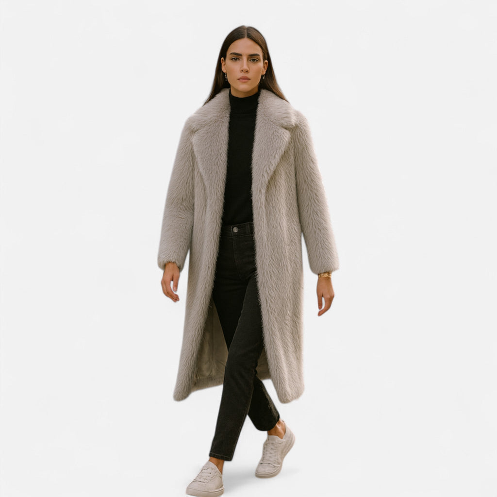 Women’s Timeless Long Fur Overcoat with Turn-Down collar for Cold Season
