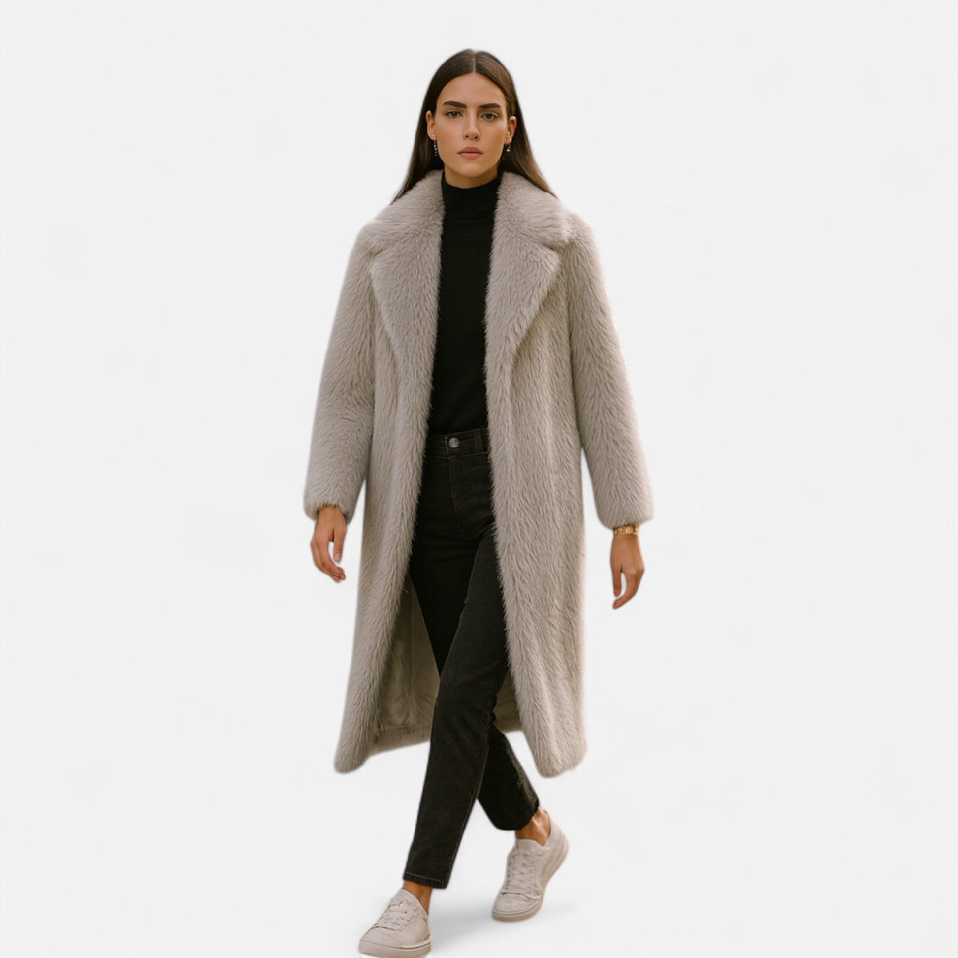 Women’s Timeless Long Fur Overcoat with Turn-Down collar for Cold Season