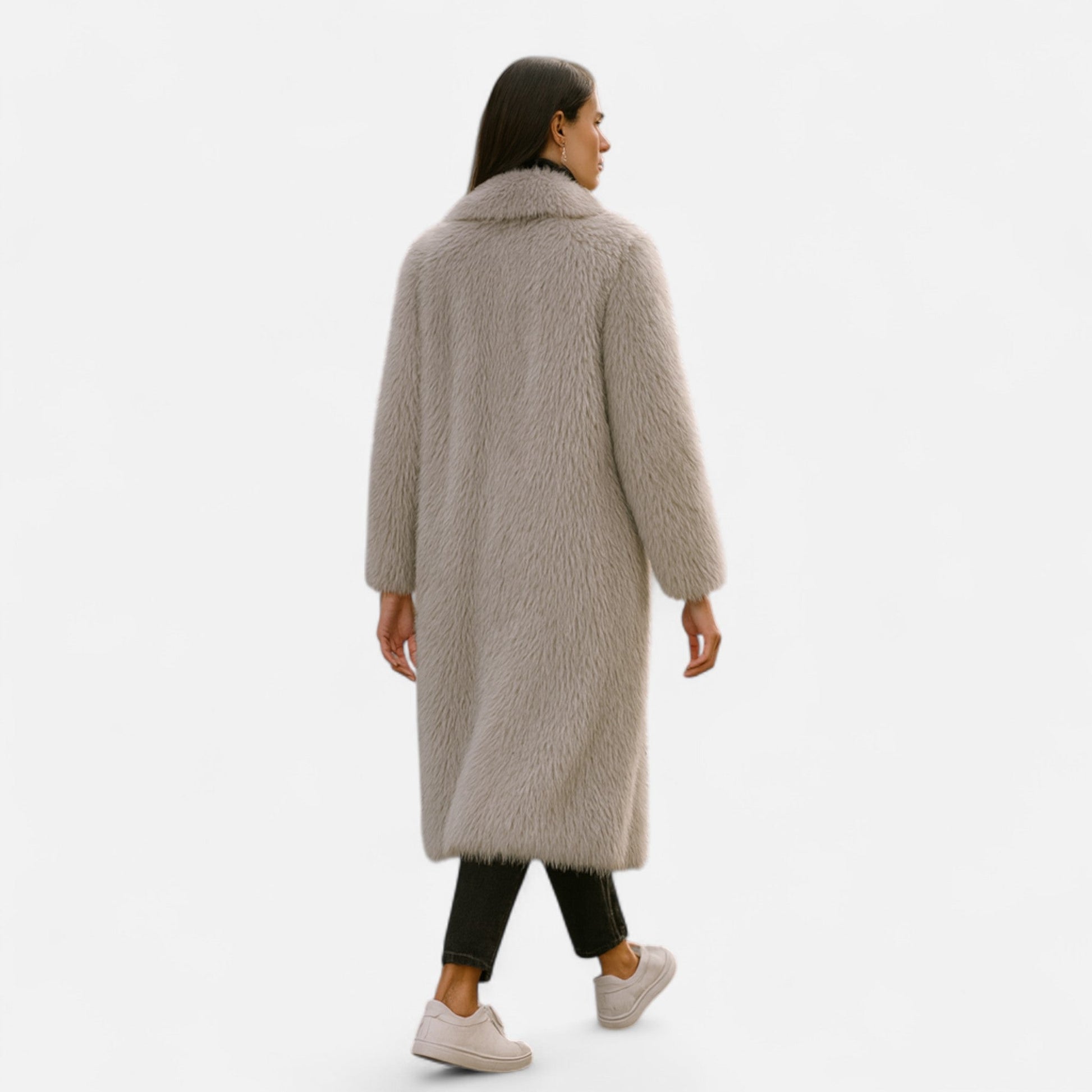Women’s Timeless Long Fur Overcoat with Turn-Down collar for Cold Season