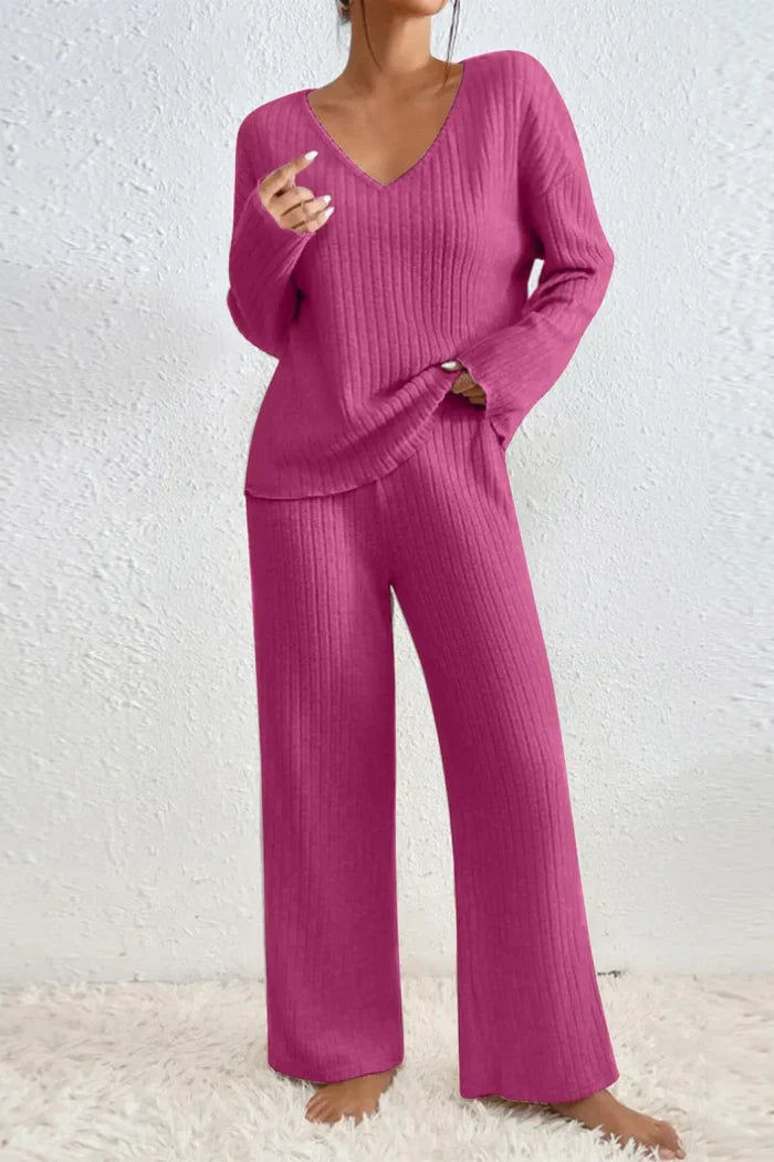 Women’s Cosy Knitted Loungewear Set with V-neck Top and Wide-Leg Trousers