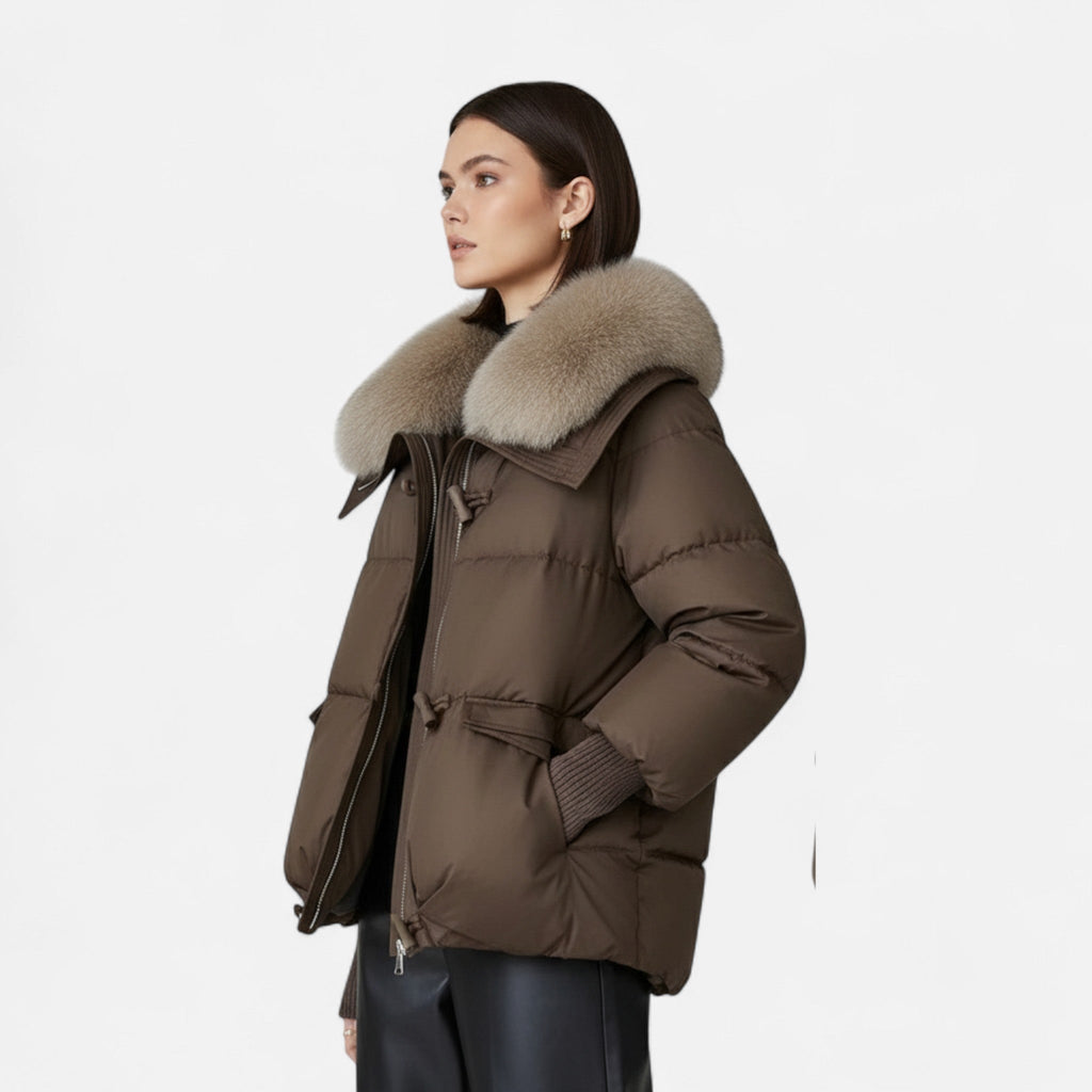 Women’s Fashionable Layered Down Jacket with Thick Design and Fur-Collar