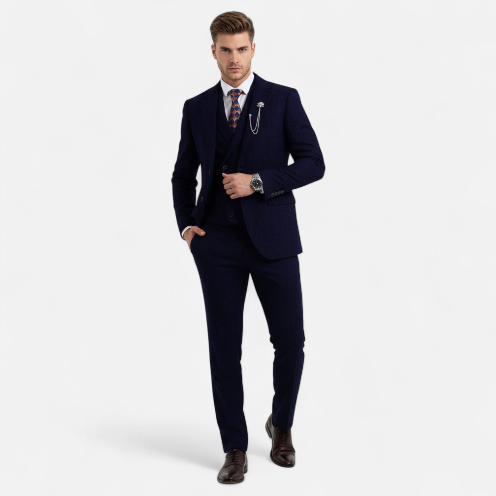 Men’s Exquisite Sleek Three-Piece Tweed Herringbone Suit