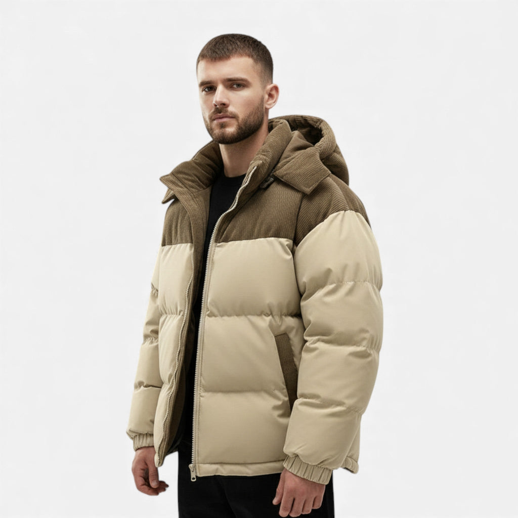 Men’s Casual Thick Fleece-Lined Winter Jacket with Stand-up Collar and Removable Hood