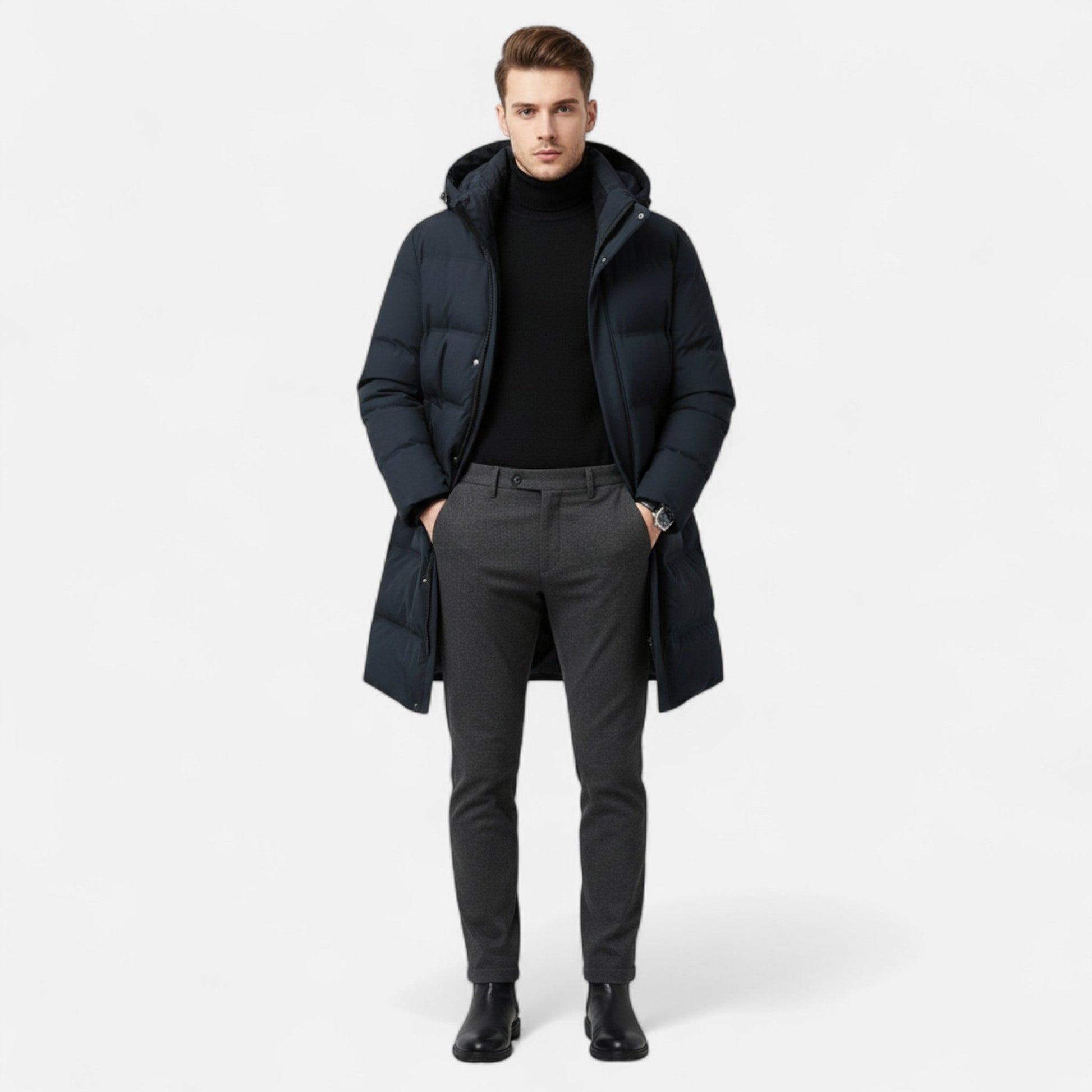 Men’s Elegance Insulated Down Practical Winter Parka Coat with Protective Hood
