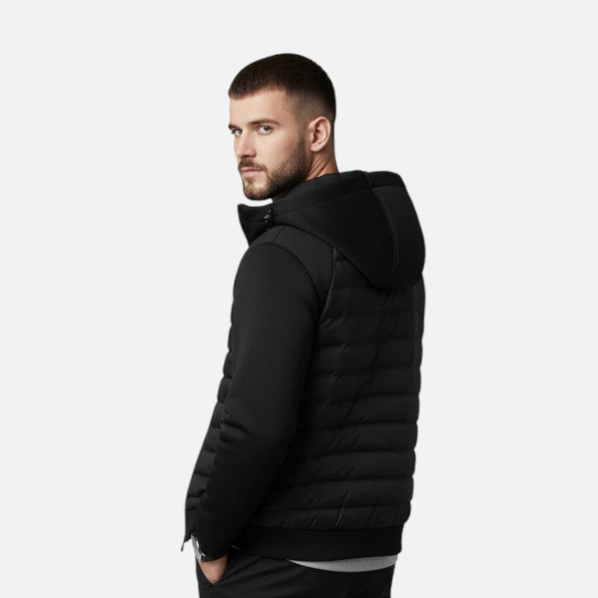 Men’s Outdoor Spliced Quilted Hooded Down Practical Jacket