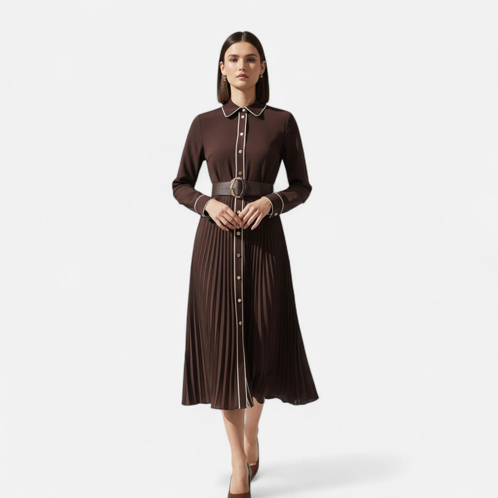 Women’s Elegant Belted Long Sleeves Chiffon Midi Dress with Turn-Down Collar