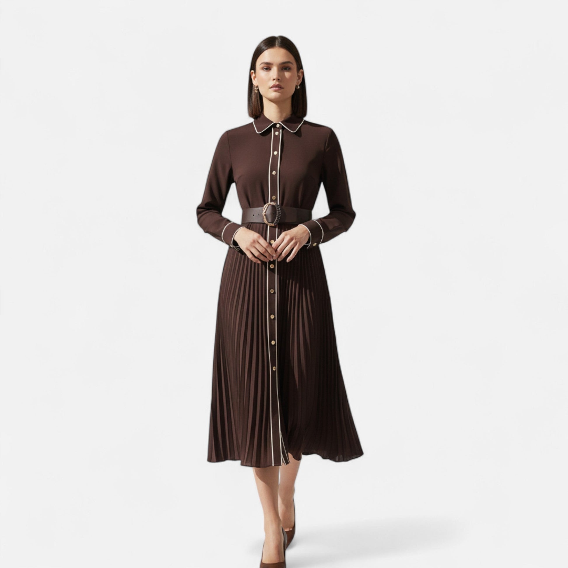 Women’s Elegant Belted Long Sleeves Chiffon Midi Dress with Turn-Down Collar