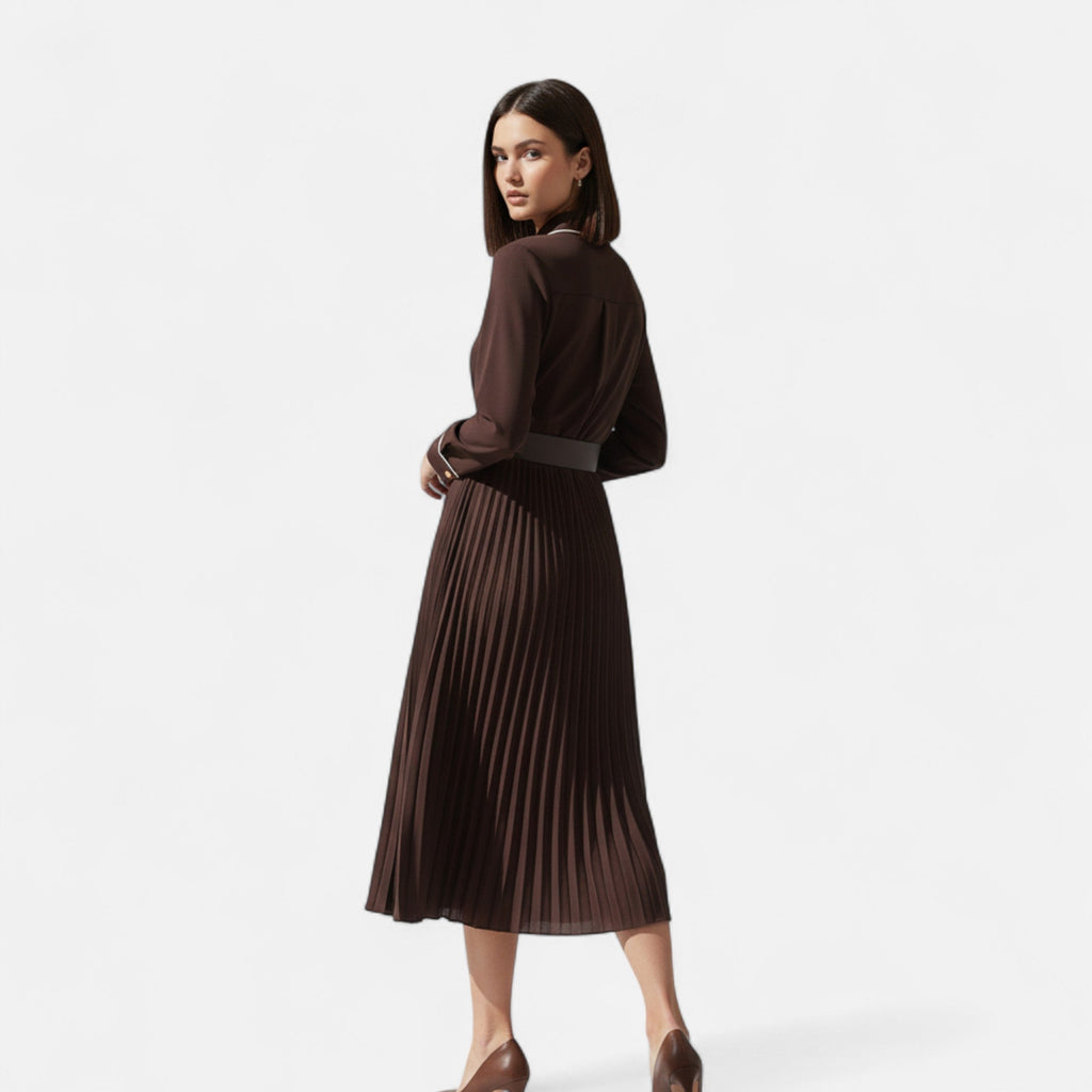 Women’s Elegant Belted Long Sleeves Chiffon Midi Dress with Turn-Down Collar