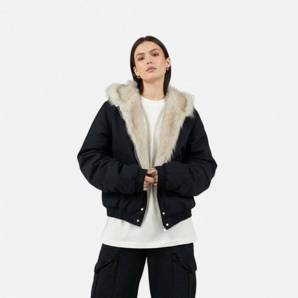 Women’s Retro Winter Fur Hooded Collar Thermal Coat with Functional Pockets and Zippers