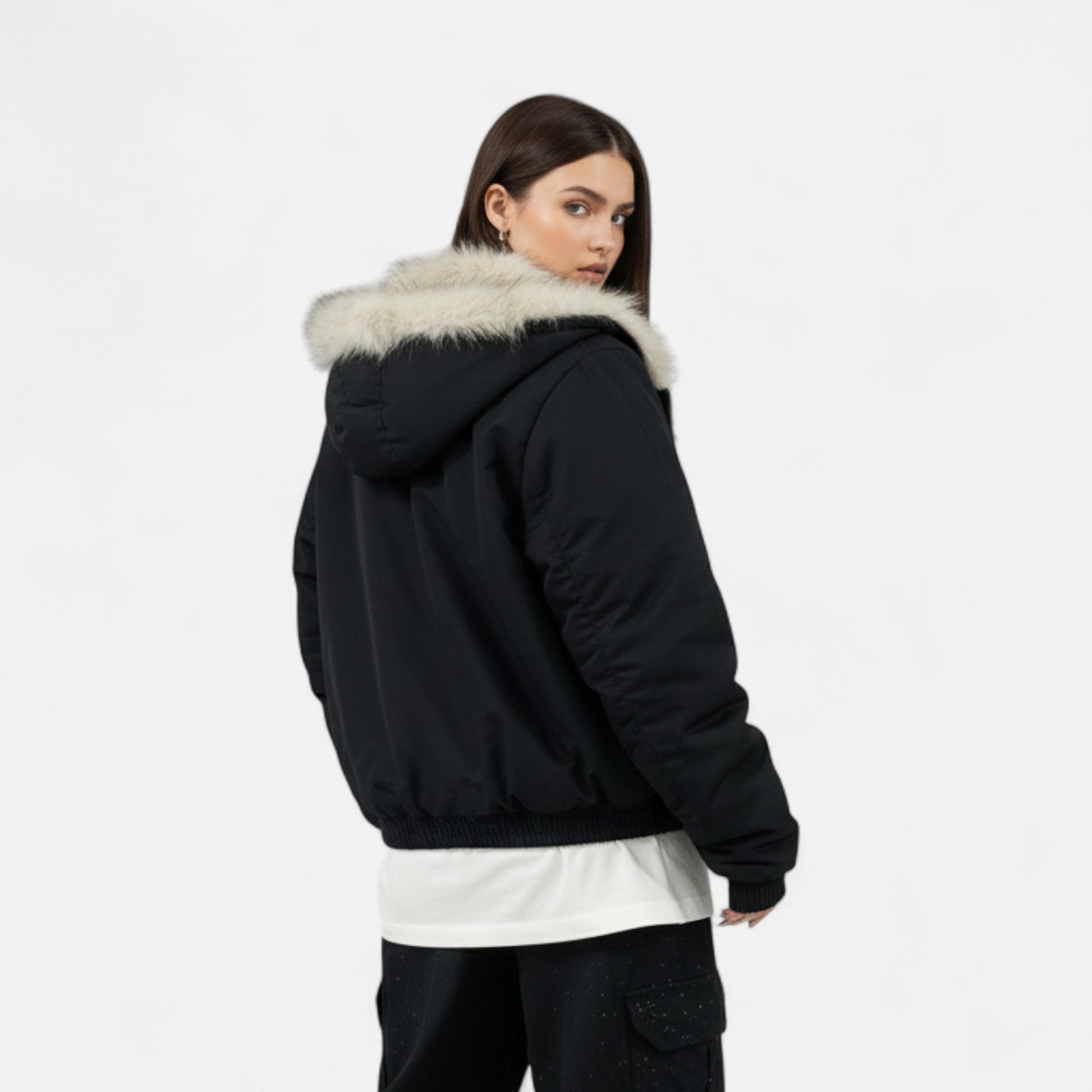 Women’s Retro Winter Fur Hooded Collar Thermal Coat with Functional Pockets and Zippers