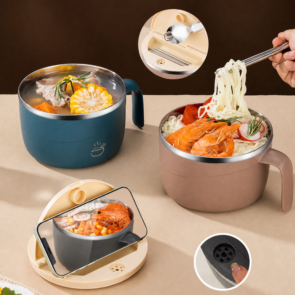 Stainless Steel Ramen Bowl Drain Lid Insulated Anti-Scald Handle 1200ml