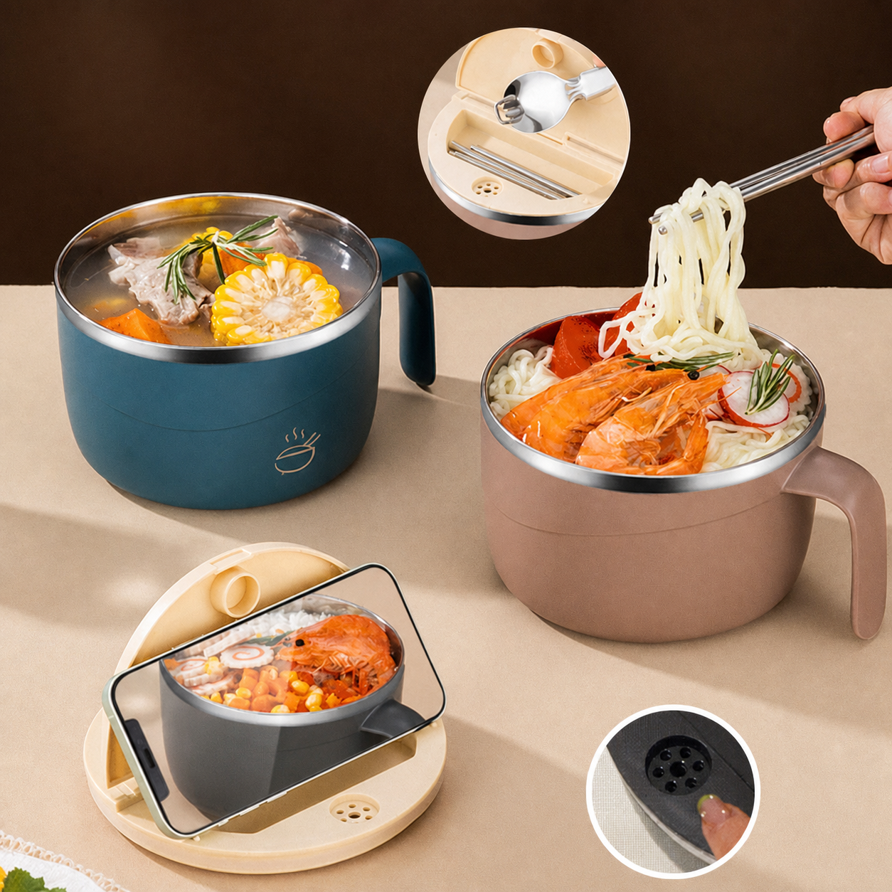Stainless Steel Ramen Bowl Drain Lid Insulated Anti-Scald Handle 1200ml