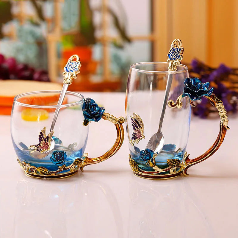 Skorter | Handcrafted Enamel Coffee Mugs Rose-Glass Tea Cup with Steel Spoon Luxury Unique Gifts for Wedding Valentine's Day Birthday Gifts - Image 4