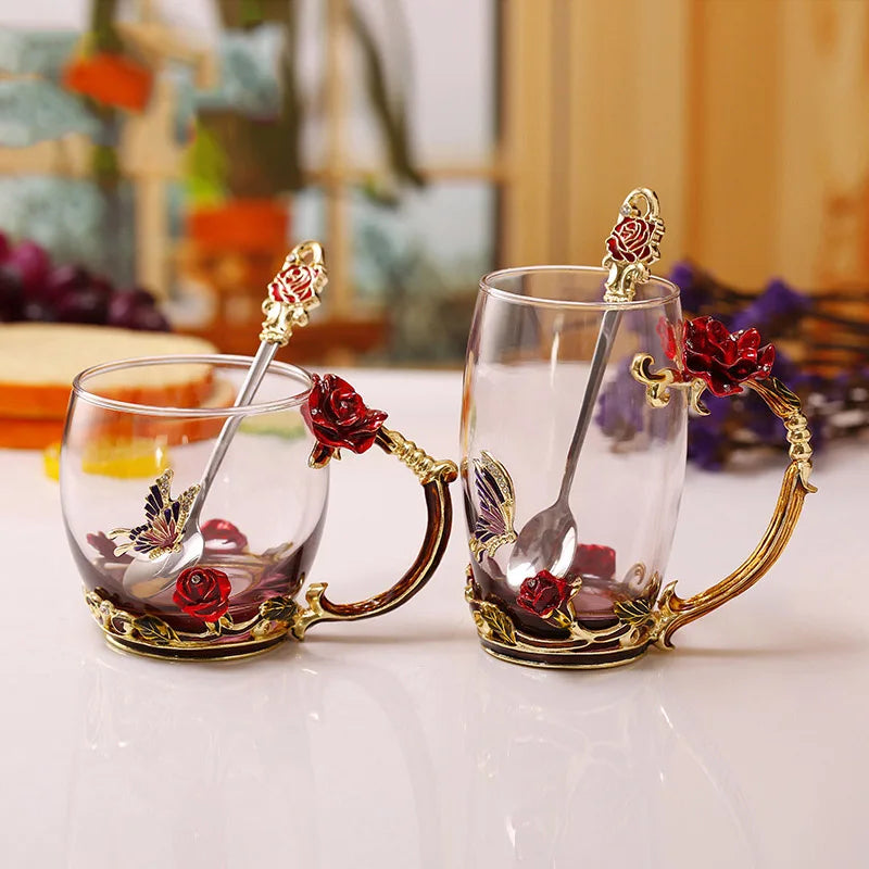 Skorter | Handcrafted Enamel Coffee Mugs Rose-Glass Tea Cup with Steel Spoon Luxury Unique Gifts for Wedding Valentine's Day Birthday Gifts - Image 10