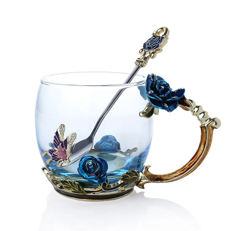 Skorter | Handcrafted Enamel Coffee Mugs Rose-Glass Tea Cup with Steel Spoon Luxury Unique Gifts for Wedding Valentine's Day Birthday Gifts - Image 15